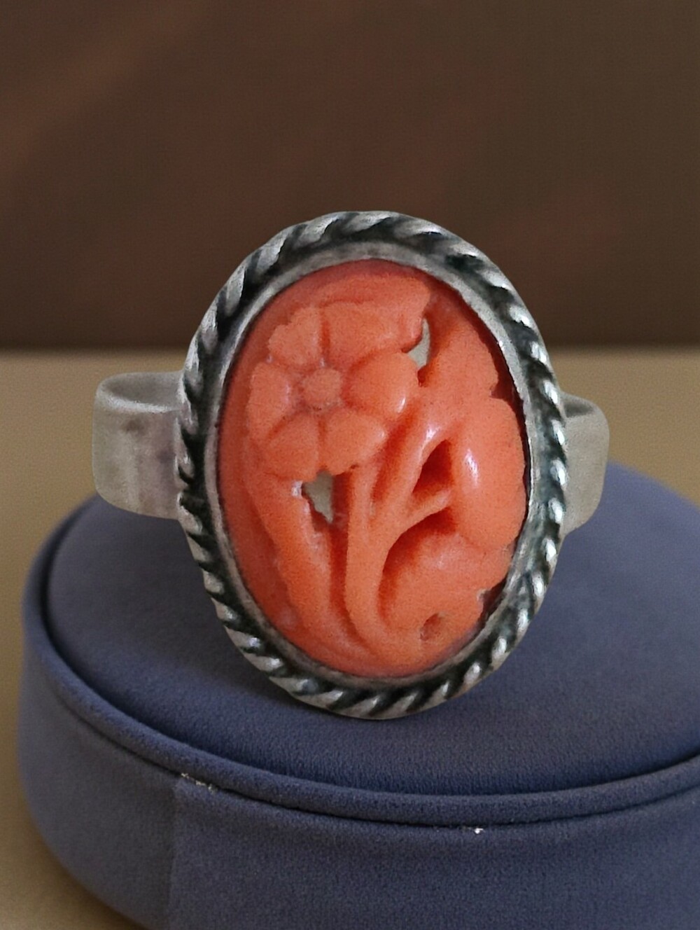 Antique Sterling Silver Carved Coral Floral Ring